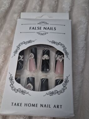 Black and Blush Rhinestone False Nails - Take Home Nail Art